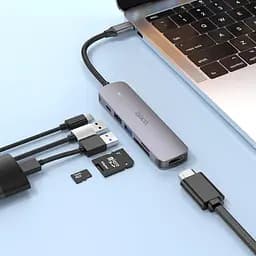 Мульти адаптер хаб Hoco HB28 6в1 Type-C to USB 3.0 F / USB 2.0 F / HDMI F / Type-C F / SD / TF PD 100W 0.135 м сірий - мініатюра 4