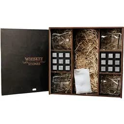Подарунковий набір Whiskey Stones камені для віскі у дерев'яному пеналі №8 + 4 склянки Bormioli Rocco Cassiopea + щипці + мішечок