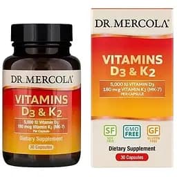 Вітаміни та мінерали Dr. Mercola Vitamins D3 & K2 5000 IU/180 mcg, 30 капсул