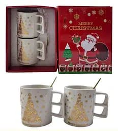 Новогодние кружки и ложечки белые с золотым по 2 шт по в коробке