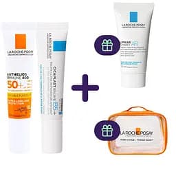 Набір La Roche-Posay: сонцезахисний флюїд захист від UVB і UVA SPF50+ 15 мл + бальзам Cicaplast Baume B5+ для шкіри обличчя та тіла 15 мл + крем-гель Lipikar Syndet АР+ для сухої шкіри 15 мл + косметичка