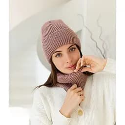 Женская вязаная шапка и снуд набор 2 шерсть 20% с отворотом Розовый