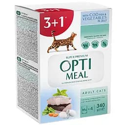 Набор влажного корма для взрослых кошек Optimeal 3+1 Треска и овощи в желе 340 г (4 шт. по 85 г)