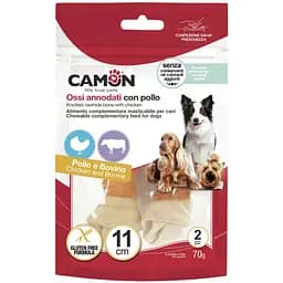Лакомство для собак Camon вязаная кость из говяжьей кожи с курицей 11 см 70 г (AB251)