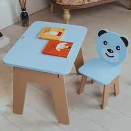 Детский стол с ящиком + стульчик для учебы и игры (Синий с мишкой)