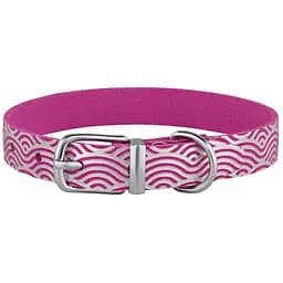 Ошейник для собак BronzeDog Barksi Classic Волна кожаный одинарный с серебряным тиснением 28-36х1.7 см розовый