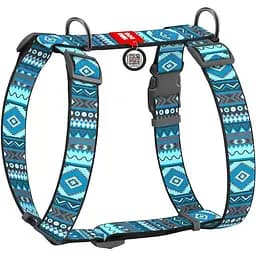 Шлейка для собак Waudog Nylon анатомическая H-образная с QR-паспортом, рисунок "Этно синий", пластиковый фастекс, XL