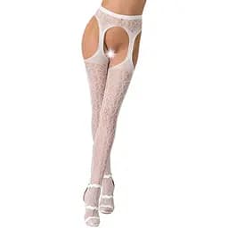 Еротичні колготки-бодістокінг Passion S014 white імітація панчох у сіточку та пояси S/M/L