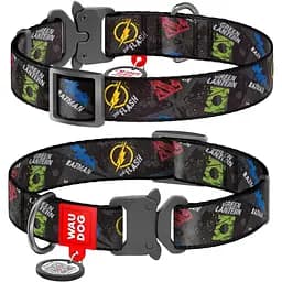 Нашийник для собак Waudog Nylon нейлоновий c QR паспортом, малюнок Ліга справедливості, металева пряжка-фастекс, M, Ш 20 мм, Дов 24-40 см