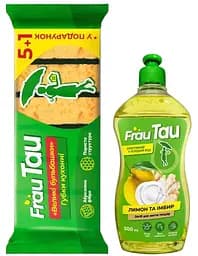 Набор Frau Tau: кухонные губки Большие пузыри 6 шт. + средство для мытья посуды лимон и имбирь 500 мл