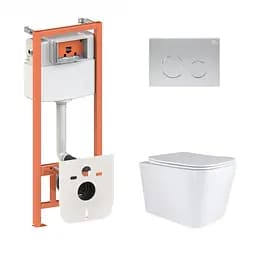 Подвесной унитаз Qtap Tern + инсталляция Qtap Nest 4 в 1 (круглая клавиша Satin), Белый