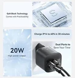 Зарядний пристрій Essager Camber 20W GaN Travel Phone Charger USB A + Type C EU Black (ECTAC-HMB01-P) - мініатюра 7