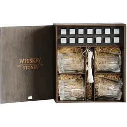 Подарунковий набір Whiskey Stones камені для віскі в дерев'яному пеналі №4 + 4 склянки Bormioli Rocco Selecta + щипці + мішечок