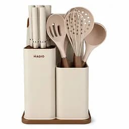 Набір кухонного приладдя силіконовий з 11 предметів із підставкою (вінчик, ополоник, лопатка, ножі, обробна дошка) Magio MG-1097I Бежевий 88103