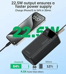 УМБ Choetech 40000mAh, 22,5W PD QC3.0, USB-C In/out, 2xUSB-A Li-pol чорна (B731-ACBK) - мініатюра 3