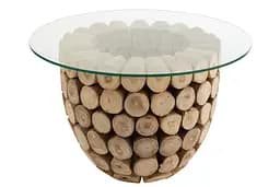 Журнальний столик J-line зі зрубу дерева тикового зі склом ручна робота 70х70х45 см (21120)