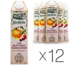 Galicia, Упаковка 12 шт. х 1 л, Сік натуральний Яблучно-Вишневий Галіція, без цукру