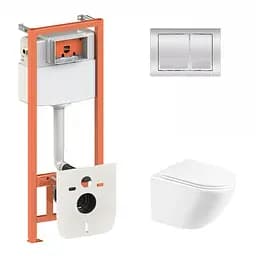 Набор: Qtap Robin Ultra Quiet унитаз подвесной QT1333046EUQW+Nest комплект инсталляции 4в1 (квадратная клавиша Chrome) QT0133M425 + QT0111M06028CRM