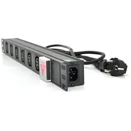 Подовжувач на 6 розеток C13 з вимикачем, 220В, німецький тип, 1U 19 ", з адаптером живлення C13, алюмінієвий корпус, чорний довжина кабелю 1,8 м, Q25