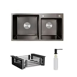 Кухонна мийка Lidz Handmade H7843 з двома чашами інтегрована BlackPVD у комплекті з дозатором та корзиною, Чорний