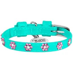 Нашийник для собак Waudog Glamour зі стразами Квіточка, шкіряний, з QR паспортом, XXS, 18-21х0,9 см, ментоловий