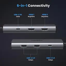 Концентратор Ugreen USB3.1 Type-C to HDMIx2 4K60Hz (8k30Hz)/USB3.0x2/Type-C/PD 100W CM498 (15852) - мініатюра 2