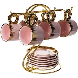 Набір для кави із порцеляни 12 предметів на 6 персон на металевій підставці рожевий Yiwu FM-48