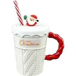 Чашка новогодняя Olens 102-1061-2 Рождественский свитер керамика с крышкой и трубочкой 380 мл Белая