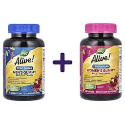 Набор: витаминно-минеральный комплекс для мужчин Nature's Way Alive! Men's Gummy Multivitamin без сахара 50 жевательных конфет + мультивитамины для женщин Nature's Way Alive! Women's Gummy Multivitamin без сахара вкус клубники 50 жевательных конфет