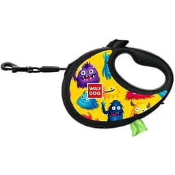 Поводок-рулетка для собак Waudog R-leash с контейнером для пакетов, рисунок "Мохнатые монстры", светоотражающая лента, L