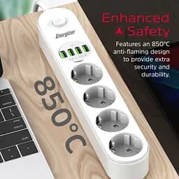 Мережевий фільтр Power filtr 2.0м Energizer 4 розетки, 4xUSB 3.4A, з заземленням білий (EPB2500W00EU) - мініатюра 3
