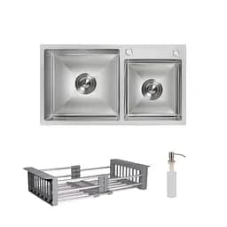 Кухонна мийка Lidz Handmade H7843 з двома чашами інтегрована Brushed у комплекті з дозатором та корзиною, Нержавіюча сталь