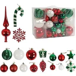 Набір новорічних прикрас 65 іграшок з верхівкою на ялинку, зеленого та червоного кольору (160753)