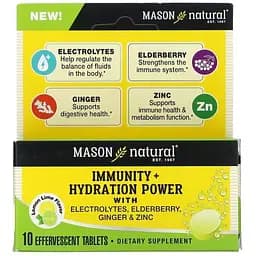 Посилення імунітету та гідратація електролітами Mason Natural з бузиною, імбиром та цинком, смак лимона та лайма 10 шипучих таблеток