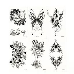Набор временных тату Бабочки и цветы №1 black-tattoo-mini-set-f01 из 6 черных по 9,5 х 5,5 см