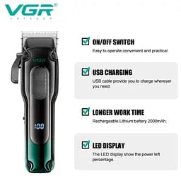 Машинка для стрижки VGR V-013 тример з 8 насадками дисплей 6500 об/хв Чорна із Зеленим 5 Вт - мініатюра 3