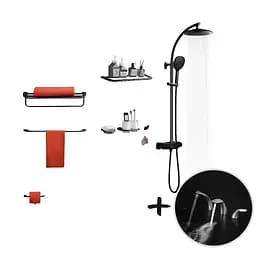 Набор душевая система наружного монтажа с термостатом Nett PSr-88 + смеситель на борт ванны и аксессуары Графит
