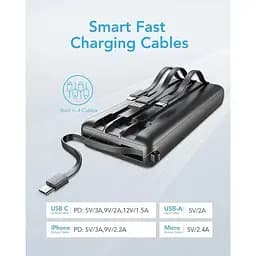 Портативний зарядний пристрій Vrurc 20000 mAh швидка зарядка із вбудованими кабелями - мініатюра 6