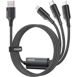 Кабель Essager Simple 3 in 1 USB - MicroUSB+USB Type-C+Lightning (M/M), 100W, 1.2 м Black (EXCMTL-JJ01-P)