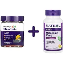 Набор: мелатонин для детей Natrol от 4 лет со вкусом ягод 1 мг 60 конфет (NTL07692) + мелатонин Natrol с цитрусовым вкусом 10 мг 60 таблеток для рассасывания