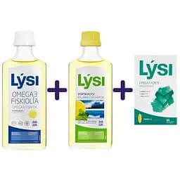 Набір Омега-3 Lysi:  Forte капсули 1000 мг №64 + жирні кислоти EPA/DHA у рідині зі смаком лимона 240 мл +  риб'ячий жир з печінки тріски з вітамінами A, D, E зі смаком лимона та м'яти 240 мл