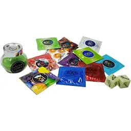 Набір EXS: Презервативи Love Flame 11 шт. + Неонові кубики з позами для сексу + Аромасвічка