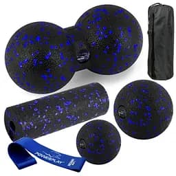 Набір для масажу та йоги PowerPlay PP_4093 EPP (3 м'ячики + валик масажер 15*5,3 см) Blue + гумка 7,5 кг (PP_4093_Blue)