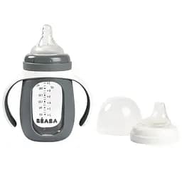 Поильник стеклянный Beaba 2 в 1, 210 мл, серый (913538)