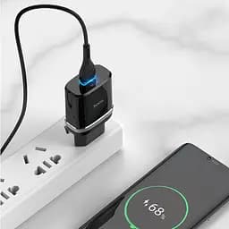 Мережевий зарядний пристрій Hoco C12Q USB QC 18W чорний + кабель USB to Type-C - мініатюра 2