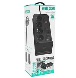 Сетевой фильтр-удлинитель Voltronic G-12H, 4 Socket+4 USB 3,2А+2 Type-C +беспроводная зарядка +таймер, 2м, Black - мініатюра 6