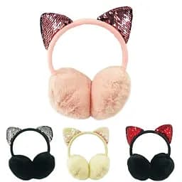 Хутряні навушники AC8401 з вушками в паєтках, в пакеті (6910568000005) МІКС