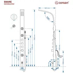 Душова панель Corsan Snake inox LED з виливом S002MSLLEDW, Нержавіюча сталь - мініатюра 3