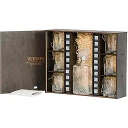 Подарунковий набір Whiskey Stones камені для віскі в дерев'яному пеналі №6 + декантер + 6 склянок Rocco Selecta + щипці + мішечок