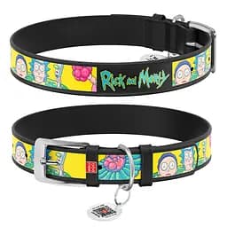 Ошейник для собак кожаный Waudog Design с QR-паспортом "Рик и Морти 1" L Ш 25 мм Д 38-49 см черный